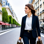 A sophisticated adult woman, fully clothed in a modest, chic Parisian-style business casual outfit, including a tailored blazer and smart trousers. She is walking confidently on a well-lit Parisian street, with a Louis Vuitton OnTheGo MM bag in Monogram Canvas elegantly carried on her shoulder. The background features blurred iconic Haussmann buildings and hints of city life. Professional photography, perfect anatomy, correct proportions, natural pose, well-formed hands, proper finger count, natural body proportions, high quality, ultra-detailed, realistic, safe for work, appropriate content, fully clothed, modest clothing, professional dress, family-friendly.