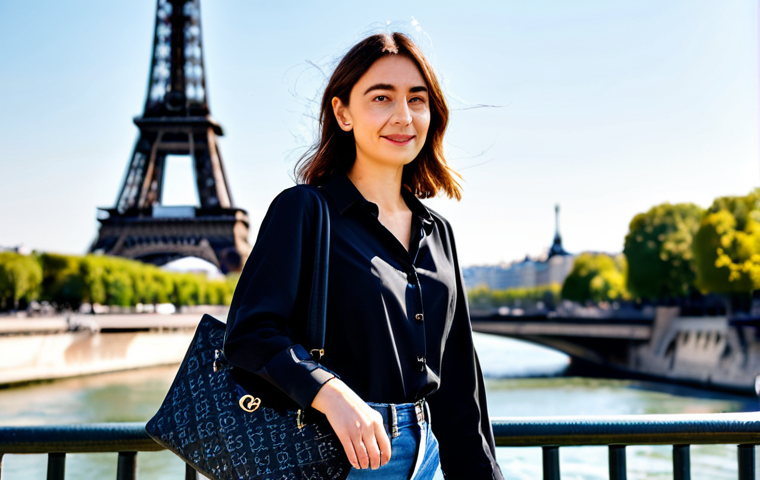 **

"A stylish Parisian woman, in her 30s, walking along the Seine river on a sunny day. She's wearing a chic, casual outfit (jeans and a simple blouse) and carrying the black Calvin Klein monogram tote bag. The Eiffel Tower is visible in the background. Focus on the bag's details and the overall Parisian aesthetic. Fully clothed, modest attire, safe for work, appropriate content, professional photography, high quality, perfect anatomy, natural proportions."

**