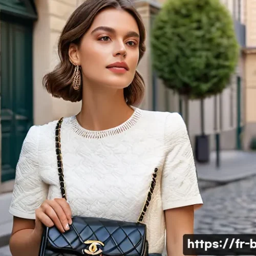 샤넬 클래식 플랩백과 보이백 비교 - A sophisticated Parisian woman dressed in elegant, timeless fashion, holding a Classic Flap Chanel h...