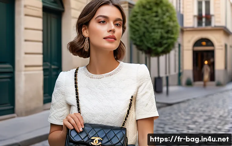 샤넬 클래식 플랩백과 보이백 비교 - A sophisticated Parisian woman dressed in elegant, timeless fashion, holding a Classic Flap Chanel h...