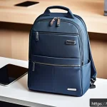 노트북 가방 추천  샘소나이트 테크 백팩 - A sleek, modern Samsonite Tech Backpack displayed on a minimalist urban office desk with a laptop, s...