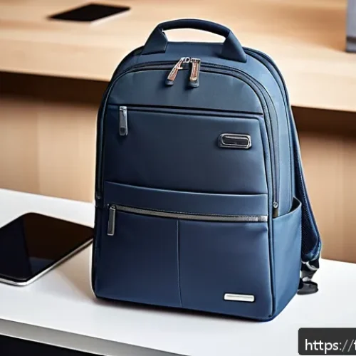 노트북 가방 추천  샘소나이트 테크 백팩 - A sleek, modern Samsonite Tech Backpack displayed on a minimalist urban office desk with a laptop, s...