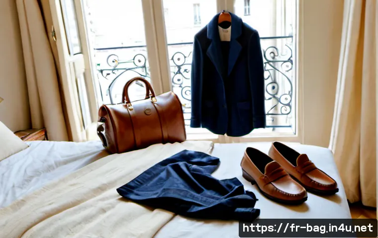 폴로 랄프로렌 더플백과 토트백 추천 - Photorealistic luxury travel flat lay in a sunlit Paris apartment, a navy canvas-and-leather duffel ...