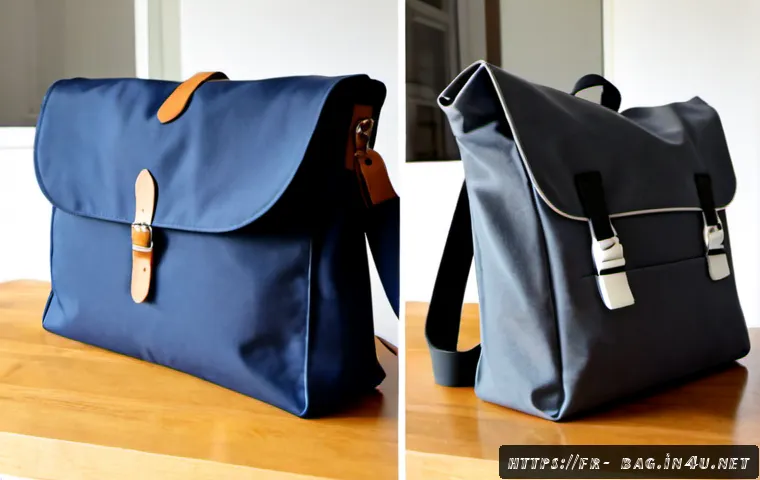 Home 17 파타고니아 메신저백과 노스페이스 비교 - Photorealistic side-by-side comparison of two unbranded messenger bags on a clean wooden table in a ...